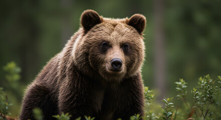 Fototapeta premium Brown Bear in Forest Portrait, Wildlife in Natural Habitat, Powerful Bear Face in Woodland Environment, Large Mammal in Nature, Animal Head
