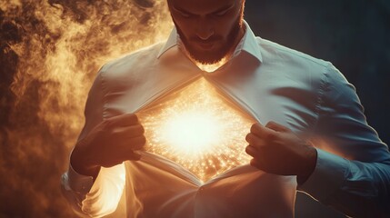 Man revealing light power superhero concept stock photo background image and shirt opening scene design