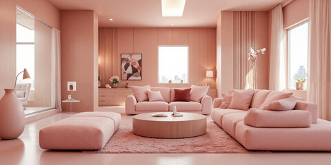 Futuristic living space in blush pink, with AI-powered temperature regulation and interactive furniture that adjusts to seating preferences. The room