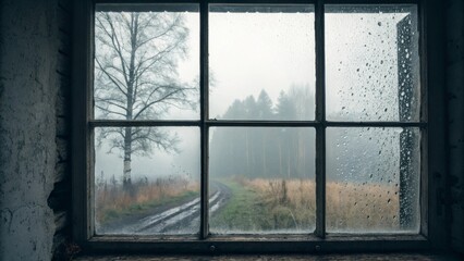 old window in the old house, a wooden window with raindrops
