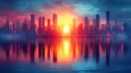 Fototapeta premium Sunrise Cityscape Reflection: A Vibrant Metropolis at Dawn