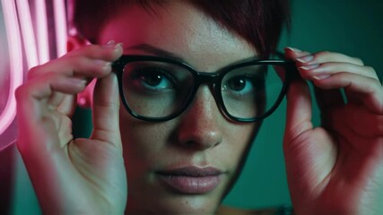 Close-up of a woman adjusting her eyeglasses, her intense gaze focused towards the camera against neon lighting, symbolizing clarity, vision, technology, or modern sophisticated style