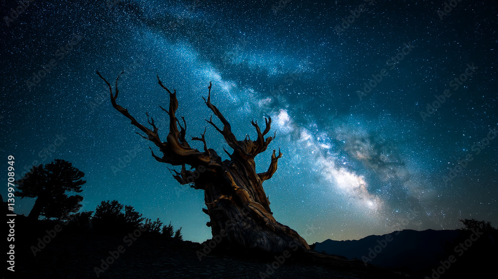 Wall mural dead tree silhouette against vibrant blue milky way galaxy