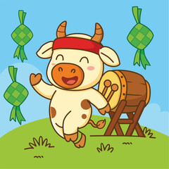 Happy Cartoon Cow Celebrating Eid al-Adha with Mosque,  Drum and Ketupat