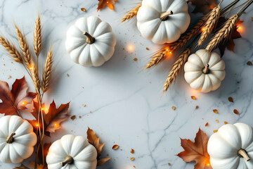 White Mini Pumpkins with Golden Light on Marble Surface