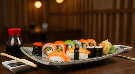 Colorful Japanese Sushi Display with Diverse Ingredients Including Avocado, Crab Meat, and Tobiko
