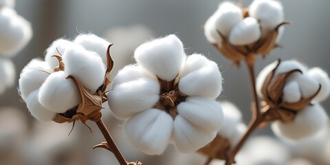 Close-up view of ripe cotton bolls on branches, showing soft white fibers and natural texture, representing agriculture, textile industry, and organic farming production
