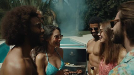 Diverse group of young friends laughing and talking together around bbq grill at summer poolside party, enjoying food, friendship and social gathering vibrant outdoor lifestyle celebration - Powered by Adobe