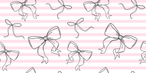 Seamless Bow Pattern with Pink Striped Background.Seamless pattern featuring hand-drawn black bow vector illustrations on a soft pink and white striped background