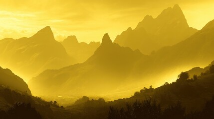 Mountain range under a yellow sky symbolizing usa china financial mist splitting over a golden horizon at dusk