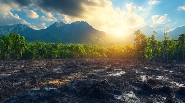 Deforestation Landscape Sunset Mountains.