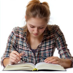 Young woman taking notes from a book, isolated on white, stock image ideal for educational content