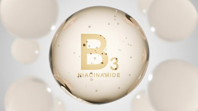 Vitamin B3 niacinamide. Niacin drop pill capsule. B 3 Nicotinamide bubble abstract 3D background