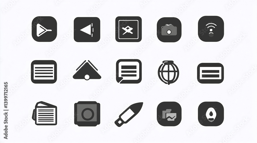 Poster collection of black and white app icons for ui design and mobile development user interface elements