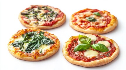 4 pieces of mini pizza set, cheese, basil, isolated with white background