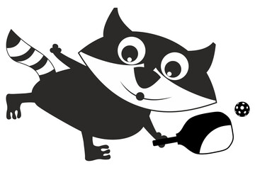 Cute raccoon playing pickleball. 
Cartoon raccoon plays pickleball. Black and white illustration
