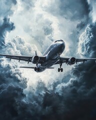 Cargo plane flying through storm clouds illuminated by shadows