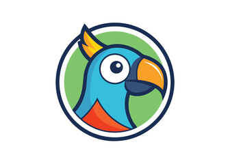 Little bird animal cartoon sticker. Amusing colorful tropical parrot macaw perched vector icon isolated on white background