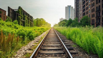 Fototapeta premium abandoned railway tracks symbolize great journey through landscape touched by depression and nature resilience