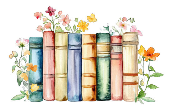 watercolor illustration of stacked books adorned with colorful flowers symbolizing knowledge and the beauty of literature