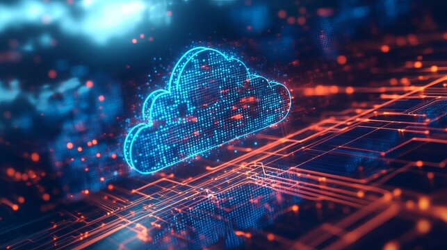 Digital cloud icon with circuit board pattern and orange lines against a dark blue background