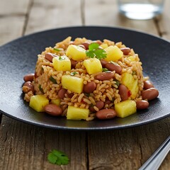 A vibrant pineapple and kidney bean rice dish, a sweet and savory delight served on a dark plate, showcasing warm tones and textures.