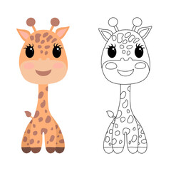 Cute cartoon baby giraffe in color and matching black-and-white outline version, ideal for kids' coloring books, educational designs, and nursery art.