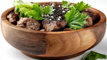 Delicious Minced Meat Dish in Wooden Bowl  Herbs  Spices  Gourmet Food Photography