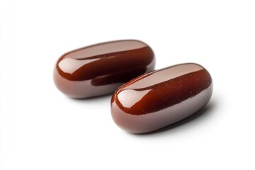 Two Brown Gel Capsules Close Up on White Background for Health