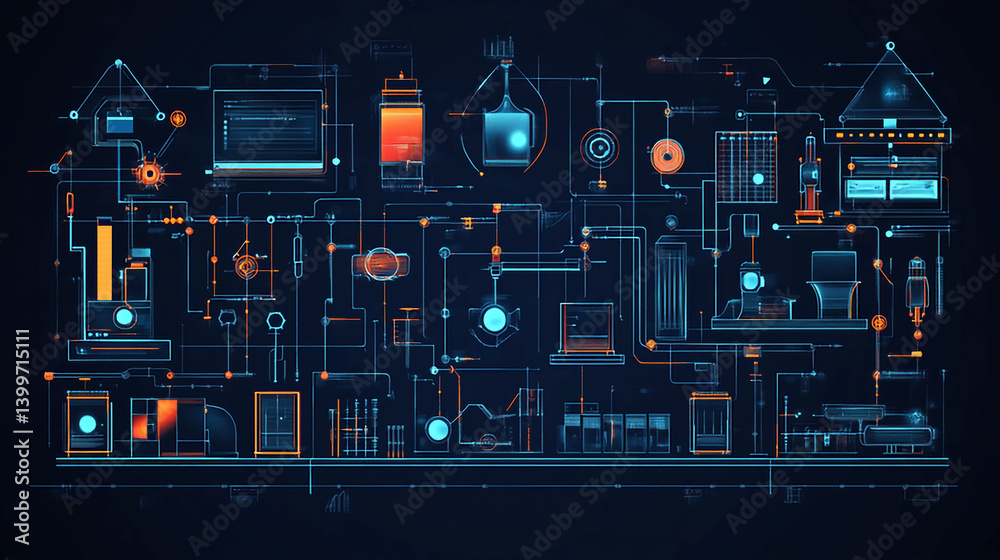 Poster futuristic technology blueprint diagram schematic system design network connection digital interface