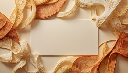 Everyday objects - for downstream advertisement and design: Delicate ribbons in shades of cream, coral, and peach elegantly frame a blank card, creating a soft and inviting composition.