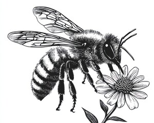 Obraz premium Bee pollinating flower, nature, monochrome, illustration, design