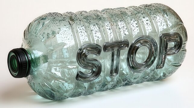 A clear plastic bottle with the word STOP embossed, symbolizing recycling and environmental awareness.