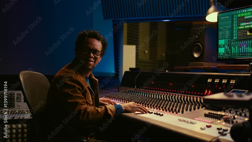 Poster Music producer operating mixing console in control room and working with audio recording software on pc, post production. Sound engineer editing tracks to produce new songs. Camera B.