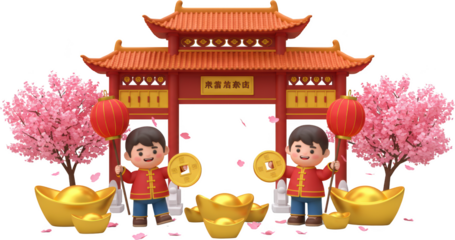 Festive Chinese New Year Gate Boys in Traditional Clothing Cherry Blossoms Gold Ingots Lanterns