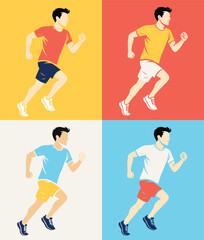 Colorful vector illustration of four male runners in dynamic poses, set against vibrant backgrounds. Perfect for fitness, sports, and active lifestyle themes