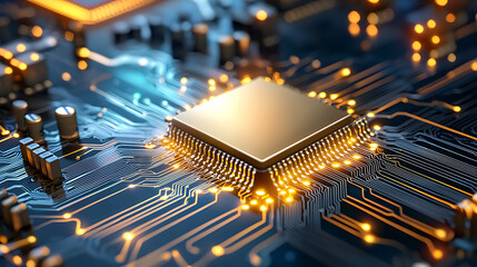 Innovative technology event showcasing microchip progress conference hall digital content high-tech environment close-up view future developments