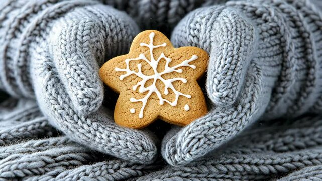 Cozy winter hands hold sweet star shaped cookies, beautifully decorated for festive atmosphere filled with warmth and joy.
