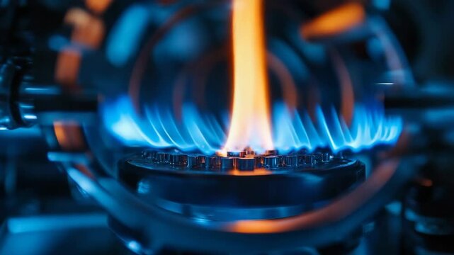 Vibrant flame dances above gas burner, showcasing beauty of LPG supply with blue and orange hues for efficient energy use.