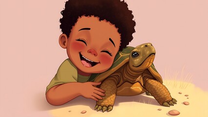 Happy Child Hugging Tortoise