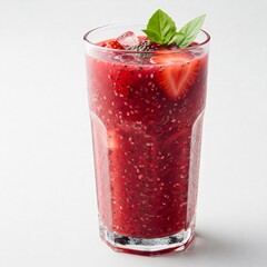 Refreshing strawberry chia seed smoothie garnished with basil and ice cubes
