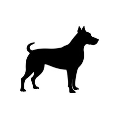 Silhouette of a standing dog with short fur and a curled tail in a simple black design