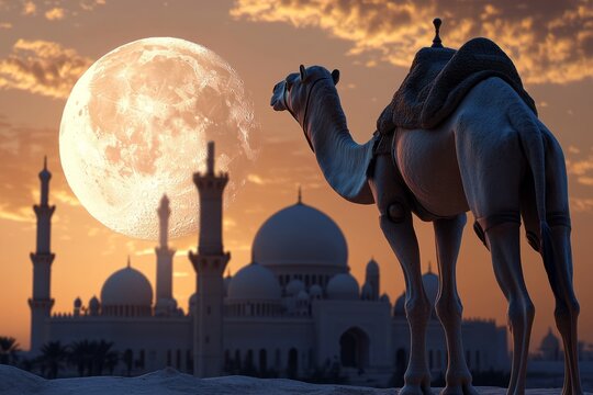 Camel silhouette standing before a mosque under the radiant sunset moon - Powered by Adobe