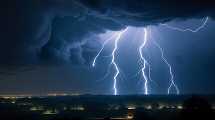 Dramatic view of a lightning flash piercing through ominous storm clouds above a glowing townscape at night, emphasizing the intensity and beauty of extreme weather events

