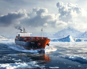 Cargo ship navigating icy waters near glaciers cloudy sky
