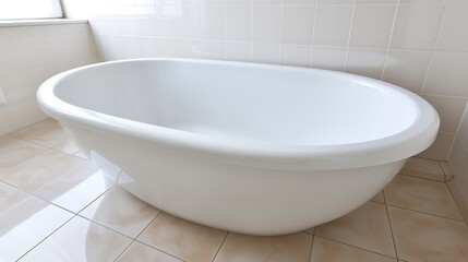 A pristine white oval bathtub in a modern bathroom.