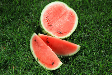 Ripe red watermelon on the grass in summer