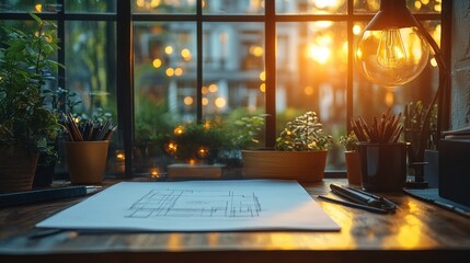 Sunset Workspace: Architect's Desk with Blueprint