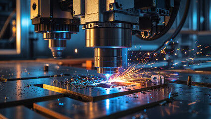 A close-up view of a cnc machine in action, cutting through a metal plate with precision.