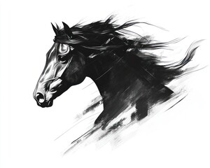Black horse portrait, windswept mane, white background, artistic style, equestrian art